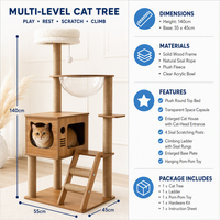 Grand arbre à chat en bois à plusieurs niveaux avec maisonnette pour chat, capsule spatiale et poteaux à gratter en sisal