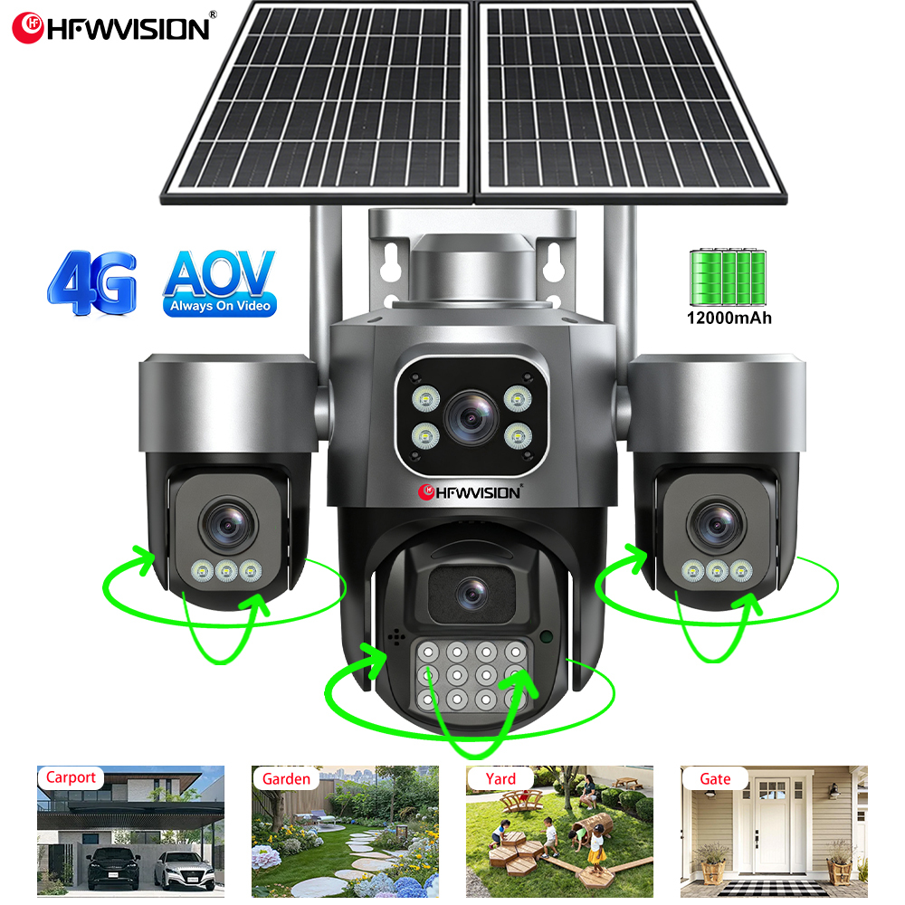 HFWVISION 8MP Outdoor 4G Solar Panel Camera Four Lens Four Screen Ptz Motion Detection Alarm 24/7 Hour Online Aov Solar Camera