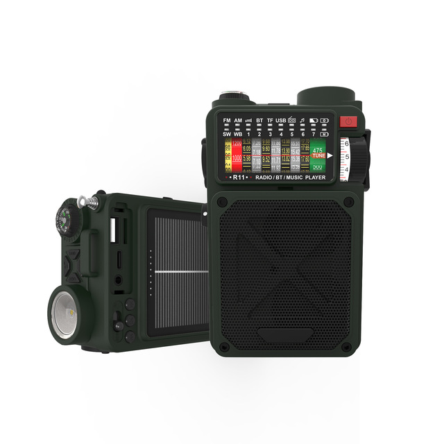 R11 radio Emergency 4000mAh AM/FM/WB/SW/NOAA BT player Flashlight SOS Alarm USB Charged Hand Crank Solar Lanyard Compass