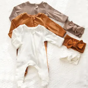 2024 Custom OEMทารกแรกเกิดทารกเด็กวัยหัดเดินเสื้อผ้าเด็กสีทึบFootie Romperบอดี้สูทแขนยาวทารกJumpsuits