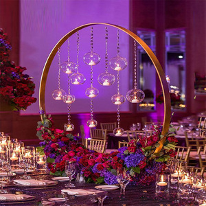 LANJO Round <b>Backdrop</b> <b>Stand</b> Golden Circle Wedding Arch Frame <b>with</b> Crystal Beaded Hanging Tealight Candle Holders - Product Image 3