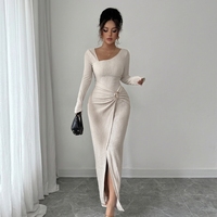 Robe longue en tricot texturé à col irrégulier, couleur unie, nouvelle collection automne-hiver pour femmes