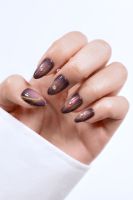 Faux ongles à presser en ABS, longueur moyenne, 24 pièces, brun foncé, avec estampage doré motif Ciel Soleil Lune personnalisé, OEM/PL MSDS