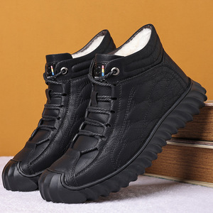 Bottes de neige en cuir décontractées pour hommes, doublées de polaire, chaudes, noires, à lacets, pour la randonnée en plein air, antidérapantes, chaussures de papa 2027 - Product Image 3