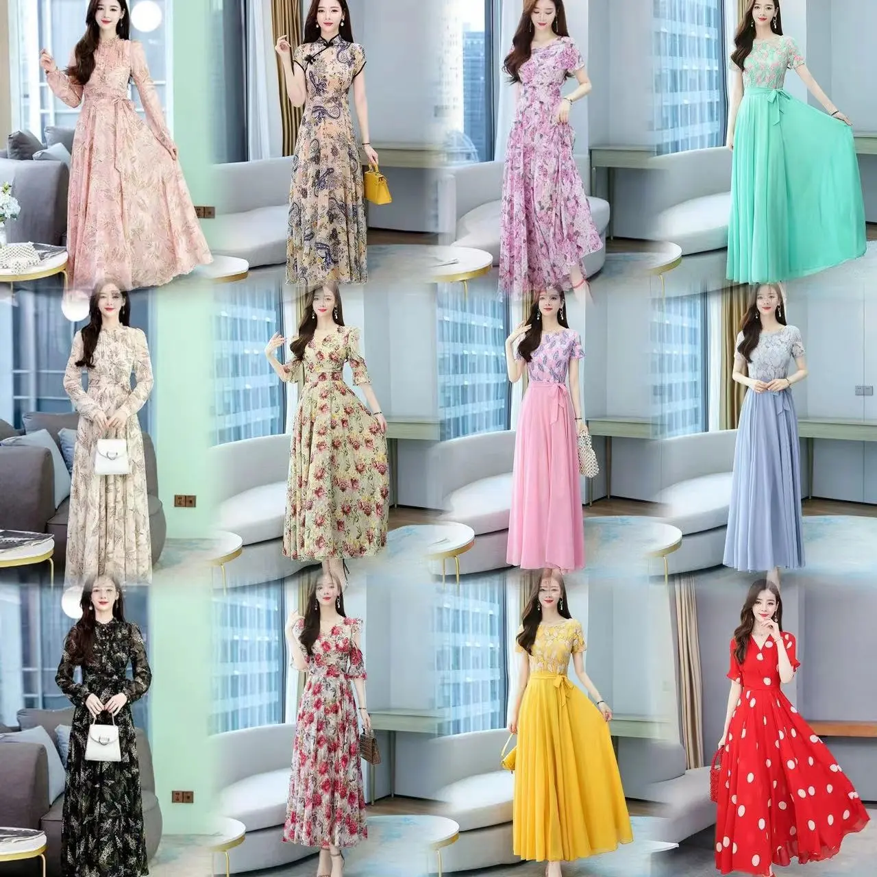 Toptan 2024 kadın yaz elbisesi stokta mevcut tasarım artı boyutu şifon uzun elbise kadınlar için çiçek renk kız elbise
