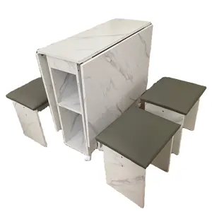 Moderne Holztisch-und Hocker-Sets Klappbarer Esstisch mit Sockel und faltbarem Multifunktions-Küchentisch mit Rädern