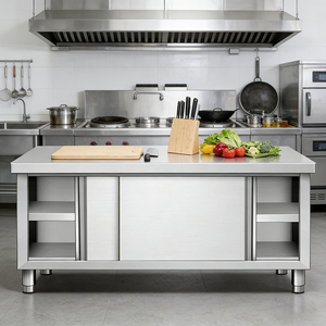 Mesa de Trabajo Comercial de Acero Inoxidable con Puerta Corredera, Tamaño Personalizado, Gabinete de Almacenamiento de Tres Niveles para Cocina de Restaurante y Servicios de <span class=keywords><strong>Catering</strong></span> - Product Image 4