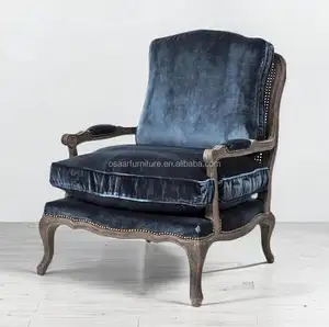 Farmhouse Home Deco Navy Blue Velvet Wood French Bergere Rattan Arm Chairs for Living Room