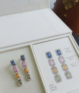 Boucles d'oreilles pendantes SARVOTTAM en or 9 carats avec saphirs octogonaux cultivés en laboratoire et diamants ronds, sertissage minimaliste à griffes et micro-pavé - Product Image 2
