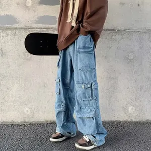 Custom Men Streetwear Multi-Pocket Loose Blue Denim Pants Y2K Cargo Baggy Jeans