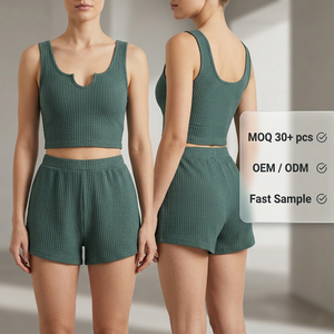 Conjunto de Pijama Casual de <span class=keywords><strong>Dos</strong></span> Piezas para Mujer, Primavera/Verano, Corte Holgado, Top Corto Tipo Waffle y Pantalones Cortos, Conjunto a Juego, Proveedor con Logotipo Personalizado - Product Image 1