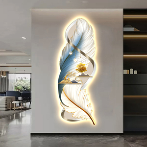 モダンライトラグジュアリーリビングルーム廊下エントランスUV彫刻クリスタル磁器LEDライトフェザー壁画ウォールデコレーション絵画 - Product Image 3
