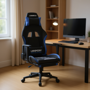 Silla de Juego LihumDiny de Cuero Sintético Azul con Masaje y Reposapiés, Silla de Oficina para el Hogar - Product Image 2