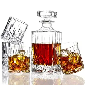 Grosir Dibuat Mesin Set Kacamata 750Ml Gelas Berukir Kristal Kotak Whiskey Decanter Whiskey