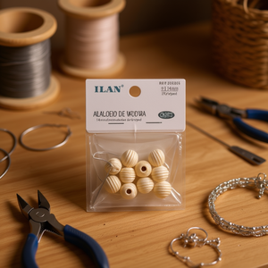 Cuentas de madera Ilan de 14 mm con ranuras para manualidades y fabricación de joyas, 10 unidades - Product Image 2