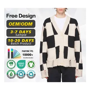 Cardigan Áo Len Các Nhà Sản Xuất Tùy Chỉnh Thiết Kế Sang Trọng Đau Khổ Người Đàn Ông Cardigan Đen Trắng Kiểm Tra Đan Cardigan Áo Len Cho Nam Giới