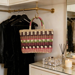 Bolso de mano de paja tejido a mano para mujer, colorido, a rayas, estilo bohemio, para playa, con asas, ecológico, tipo cesta, artesanal, para el hombro - Product Image 3