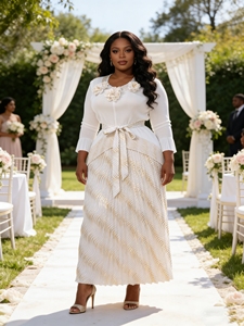 <span class=keywords><strong>Ensemble</strong></span> jupe 2 pièces plissé élégant et décontracté pour <span class=keywords><strong>femme</strong></span>, grande taille, avec manches évasées à motif floral fait main et imprimé estampé or, style Miyake, vente en gros - Product Image 3