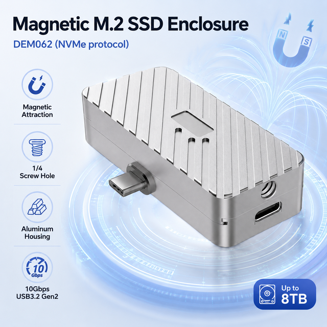 Magnetic Multi-Port NVMe M.2 SSD Enclosure 10Gbps 100W PD+USB2.0 Aluminum 2230 M-Key Portable Storage Case