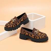 RX Dames Elegante Bruine Luipaard PU Lederen Platform Penny Loafers Instappers Met Metalen Ketting Decor True T School Halloween Valentijn