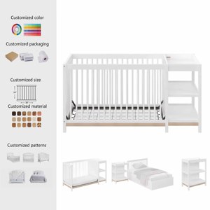 Lit d'enfant Montessori en bois naturel 4-en-1 avec étagère de rangement intégrée, table à langer, lit de maternelle, lit simple pour la maternelle - Product Image 1