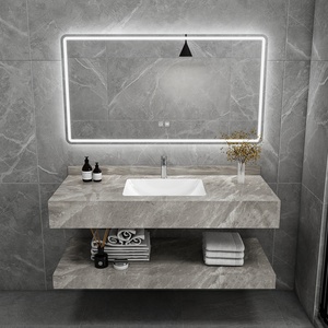 Gray minimalist bathroom cabinet with smart <b>mirror</b> cabinet LED light strip <b>white</b> washbasin suspended cabinet body - Product Image 6