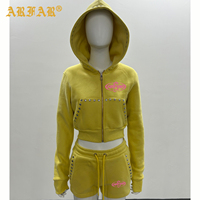 Ensemble de survêtement Y2K personnalisé pour femme : sweat à capuche zippé en molleton bouclette de luxe avec rivets et short de jogging