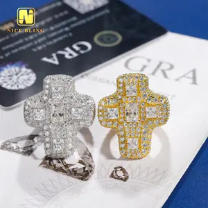 Iced Out Hip Hop Jewelry Fancy Shape Moissanite Cross Rings Men Fashion 925 Silver Moissanite Diamond Cross Rings