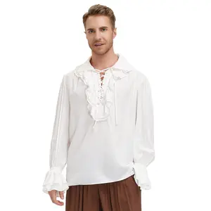 Azqsd — chemise à lacets pour hommes, col à revers, manches longues, falaf0014