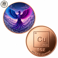 Pièce de monnaie en cuivre pur 999 de 1 once, personnalisée en gros, motif Phénix fantastique aux ailes bleues et violettes sur un ciel étoilé nuageux, pièce de collection