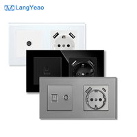 Enchufe de Pared de Vidrio Templado Tipo 153 LangYeao con Combinación USB Tipo-C, 16A+TV+RJ45+RJ11, Placa de Pared Negra, Blanca y Gris