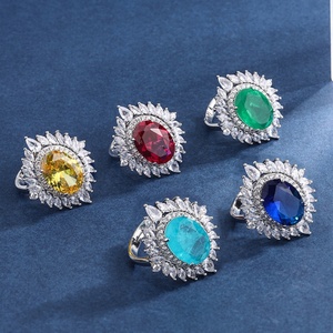 แหวนปรับขนาดได้รูปดอกไม้ประดับเพชรคิวบิกเซอร์โคเนียสีน้ำเงินทรงวงรีขนาด 10*14 มม. ทำจากทองแดงเป็นมิตรต่อสิ่งแวดล้อม สำหรับผู้หญิงที่ต้องการความอ่อนโยน จำหน่ายส่งเครื่องประดับแฟชั่น - Product Image 1