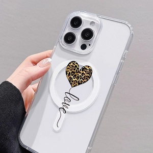Coque de téléphone tendance imprimé léopard avec ballon cœur pour iPhone 16 15 17 Pro Max 14 13, coque arrière magnétique sans fil - Product Image 4