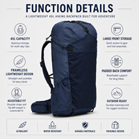 Sac à dos de randonnée léger multi-compartiments en nylon Ripstop 45L avec fermeture Roll Top