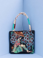 Sac fourre-tout en toile jacquard double face style ethnique vintage, motif petit canard, broderie fil doré, réversible, style bohème, tissé décontracté, petit format