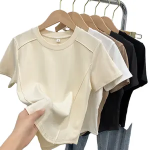 Camiseta curta com gola redonda feminina, camiseta sólida slim fit para mulheres, verão 2023