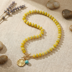 Yellow Jade Beaded Necklace Gold Pendant <b>Letter</b> Shape Vintage Boho Style Gold Plated Women's Retro Necklace Jewelry Casual Wear - Product Image 1