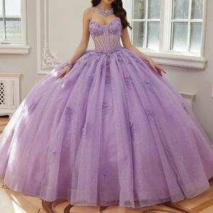 Vestidos de Quinceañera Lila Personalizados, <span class=keywords><strong>Vestido</strong></span> de Gala con Tirantes Finos, Cuentas y Apliques 3D, <span class=keywords><strong>Vestido</strong></span> de Fiesta - Product Image 1