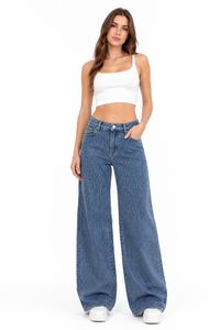 Jeans Denim a Vita Alta e Gamba Larga da Donna, Vestibilità Ampia, Lunghezza Intera, in Cotone Stonewashed, Pantaloni Casual Blu Tinta Unita, Stile Primaverile - Product Image 1