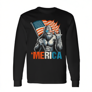 Bigfoot Merica Rock T-shirt à manches longues avec drapeau américain, design patriotique du 4 juillet, col rond unisexe, impression numérique - Product Image 2