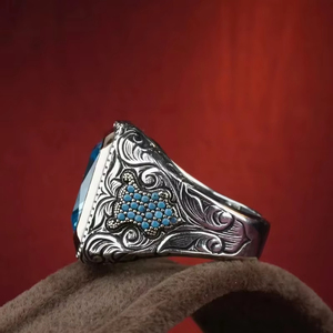 Bagues pour hommes ZhuQian en zircon bleu clair, style ethnique classique, ton argent ancien, gravure vintage, bijoux de personnalité punk, vente en gros - Product Image 2