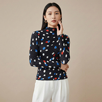 Blouse plissée 3D à manches longues pour femme, imprimé pois coloré, col montant élégant, extensible, vente en gros, fabricant
