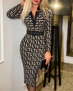 2025 In Dài Tay Áo V Cổ Cao Vành Đai Thắt Lưng Phụ Nữ Ăn Mặc Văn Phòng Ăn Mặc Kẻ Sọc Tại Chỗ Dot In Ấn Mô Hình Thiết Kế Cho Phụ Nữ - Product Image 4