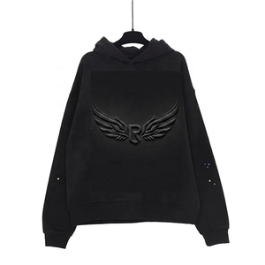 Sudadera con Capucha Negra para Hombre, Logotipo de Alas en Relieve, Detalle de Pedrería, Estilo Casual Holgado para Otoño - Product Image 1