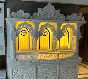 Premium Tri-Arch Backlit Marble <b>Mandir</b> with Elegant LED Illumination and Fine Handcrafted Traditional Detailing - Product Image 1