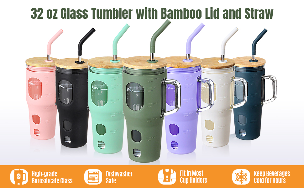 High Quality 32 Oz Glasses Tumbler Silicone Cover with Bamboo Lid Glass  Tumbler with Straw and Handle| Alibaba.com