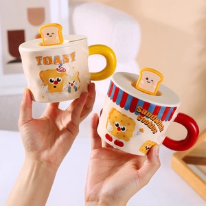 <b>Cute</b> Cartoon Ceramic <b>Mug</b> 400ml With Silicone Lid Toast Design For Daily Drinking - Product Image 4