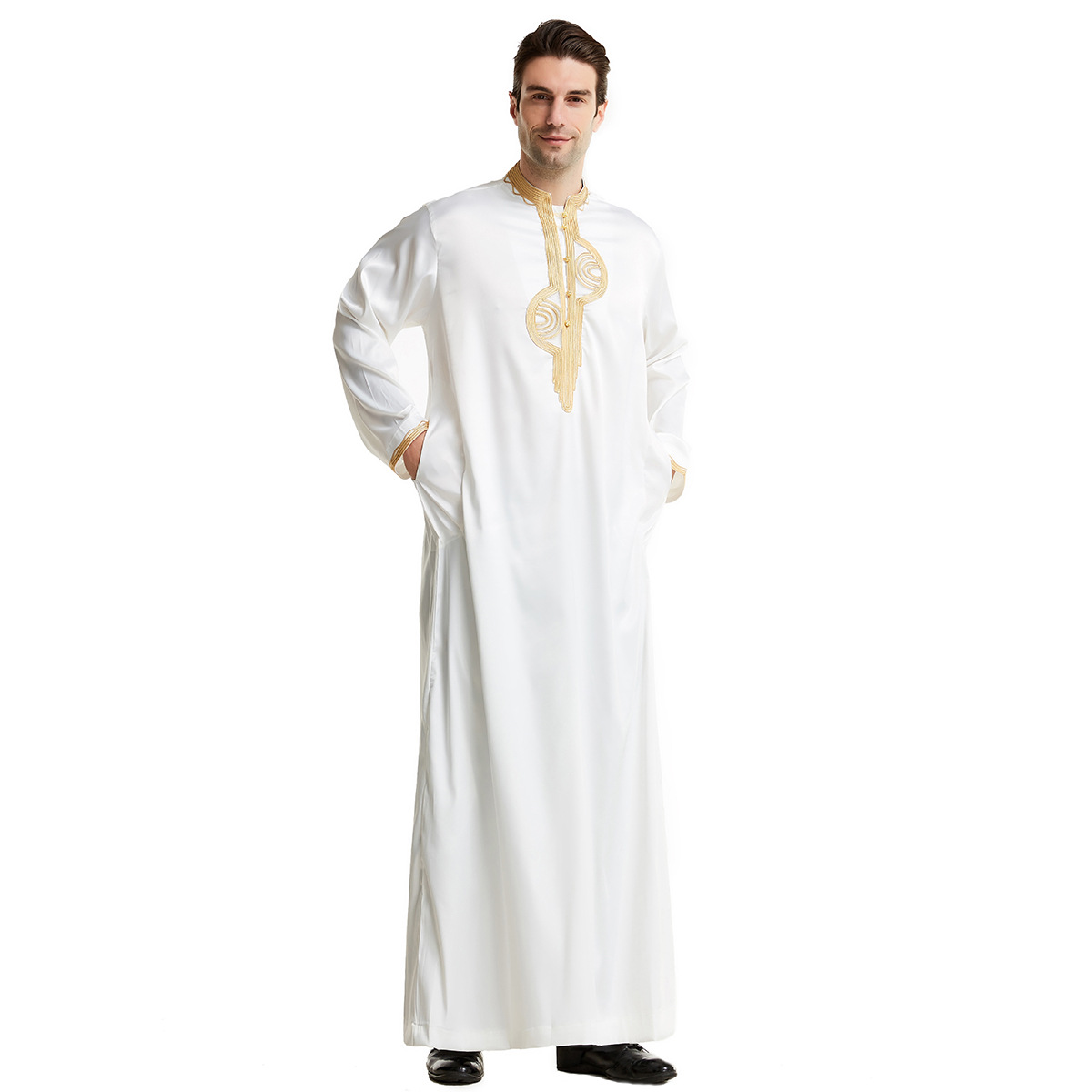 Abbigliamento islamico di alta qualità caftano arabo Dubai abiti da uomo ricamati in raso Abaya musulmano arabo da uomo Thobe Thawb caftano