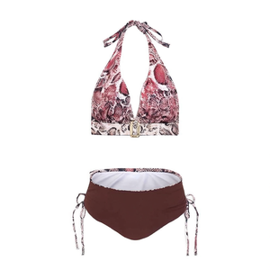 Costume da bagno bikini taglie forti HDJ con stampa serpente, top all'americana con fibbia e slip marrone con laccetti laterali, set due pezzi da donna - Product Image 4