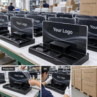Support de présentation de comptoir en acrylique noir personnalisé avec panneau arrière pour logo, plateau de présentation de produits de vente au détail à 3 fentes, OEM ODM
